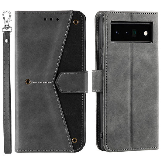 Splicing PU Leather and TPU Phone Flip Case Stitching Skin-touch Stand Wallet Phone Protective Cover for Google Pixel 6 Pro - Grey