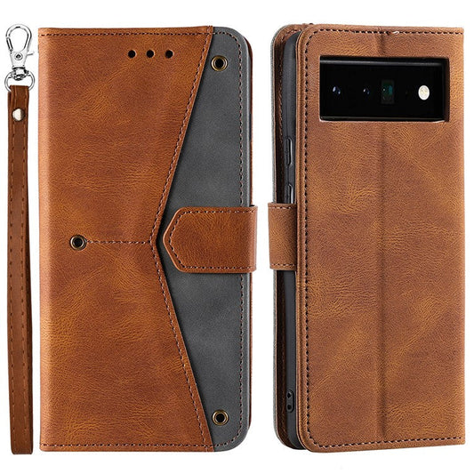 Splicing PU Leather and TPU Phone Flip Case Stitching Skin-touch Stand Wallet Phone Protective Cover for Google Pixel 6 Pro - Brown