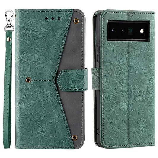 Splicing PU Leather and TPU Phone Flip Case Stitching Skin-touch Stand Wallet Phone Protective Cover for Google Pixel 6 Pro - Green