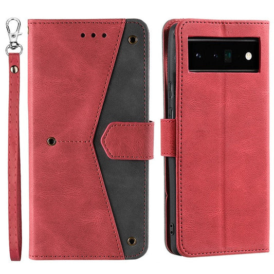 Splicing PU Leather and TPU Phone Flip Case Stitching Skin-touch Stand Wallet Phone Protective Cover for Google Pixel 6 Pro - Red
