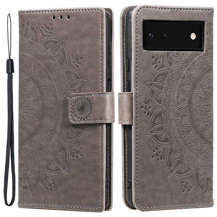 Mandala Flower Pattern Imprinted PU Leather Flip Cover Stand Wallet Folio Phone Case with Strap for Google Pixel 6 - Grey