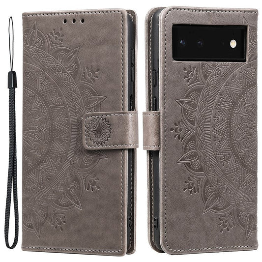 Mandala Flower Pattern Imprinted PU Leather Flip Cover Stand Wallet Folio Phone Case with Strap for Google Pixel 6 - Grey