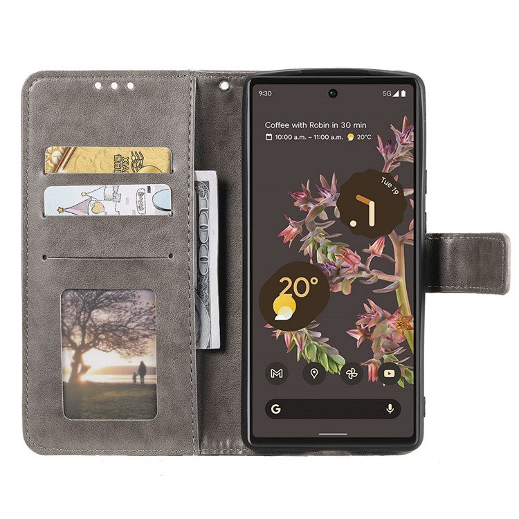 Mandala Flower Pattern Imprinted PU Leather Flip Cover Stand Wallet Folio Phone Case with Strap for Google Pixel 6 - Grey