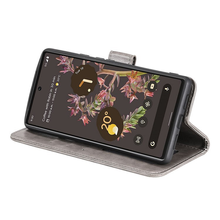 Mandala Flower Pattern Imprinted PU Leather Flip Cover Stand Wallet Folio Phone Case with Strap for Google Pixel 6 - Grey