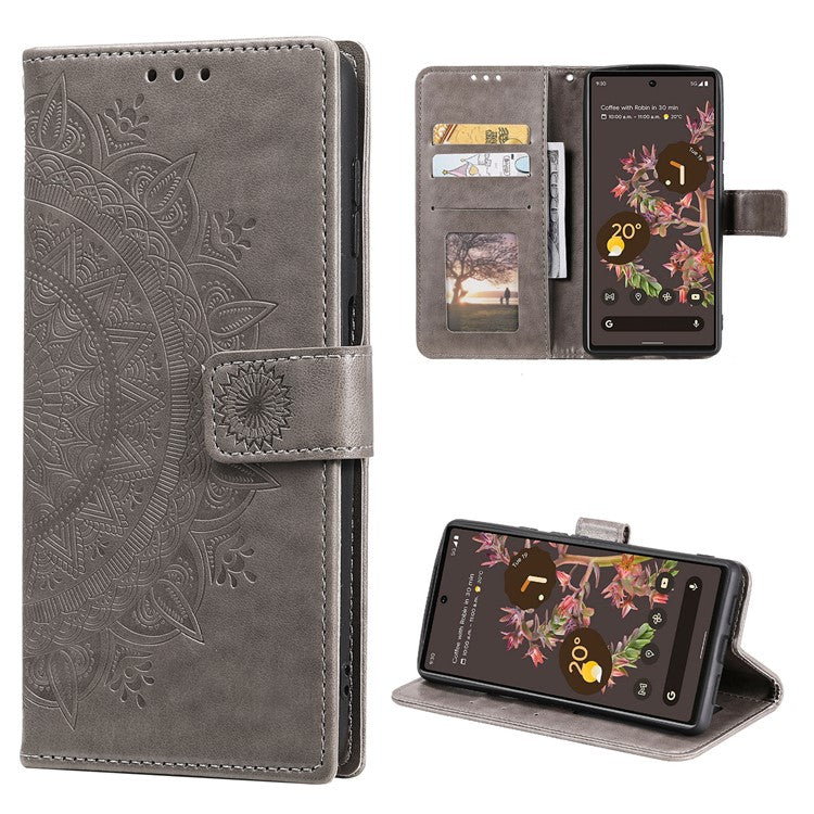Mandala Flower Pattern Imprinted PU Leather Flip Cover Stand Wallet Folio Phone Case with Strap for Google Pixel 6 - Grey
