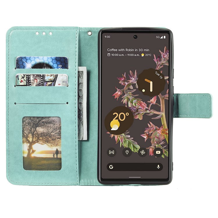 Mandala Flower Pattern Imprinted PU Leather Flip Cover Stand Wallet Folio Phone Case with Strap for Google Pixel 6 - Green