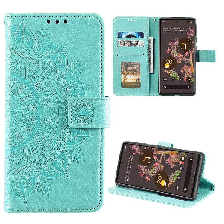 Mandala Flower Pattern Imprinted PU Leather Flip Cover Stand Wallet Folio Phone Case with Strap for Google Pixel 6 - Green