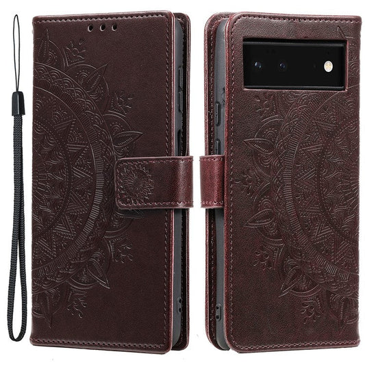 Mandala Flower Pattern Imprinted PU Leather Flip Cover Stand Wallet Folio Phone Case with Strap for Google Pixel 6 - Brown