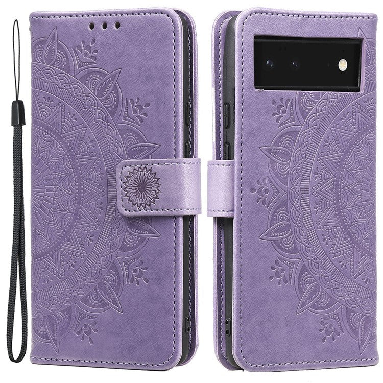 Mandala Flower Pattern Imprinted PU Leather Flip Cover Stand Wallet Folio Phone Case with Strap for Google Pixel 6 - Purple