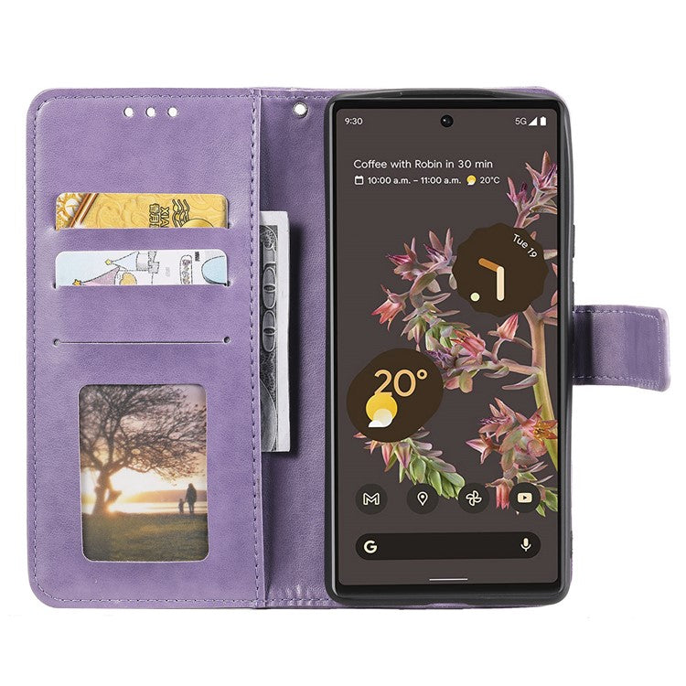 Mandala Flower Pattern Imprinted PU Leather Flip Cover Stand Wallet Folio Phone Case with Strap for Google Pixel 6 - Purple