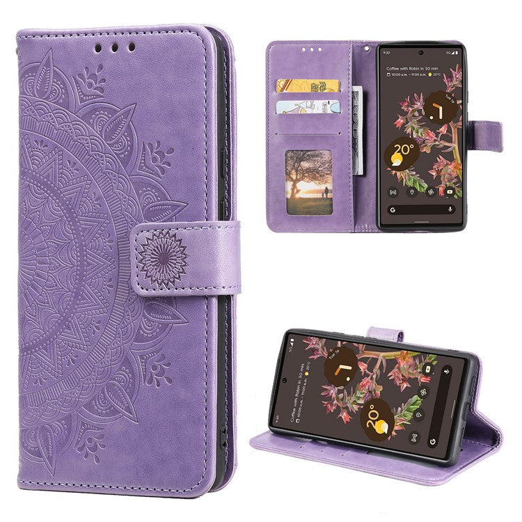 Mandala Flower Pattern Imprinted PU Leather Flip Cover Stand Wallet Folio Phone Case with Strap for Google Pixel 6 - Purple