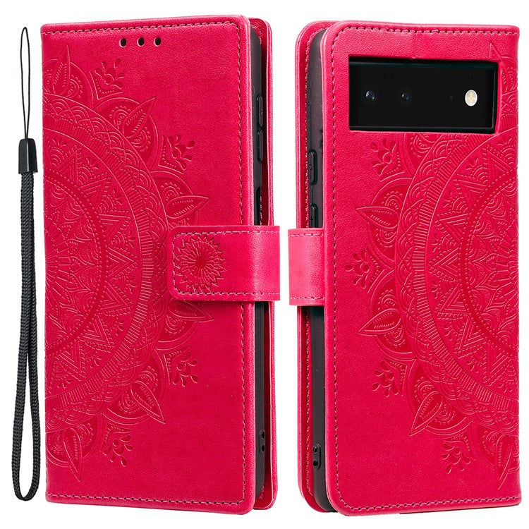 Mandala Flower Pattern Imprinted PU Leather Flip Cover Stand Wallet Folio Phone Case with Strap for Google Pixel 6 - Red
