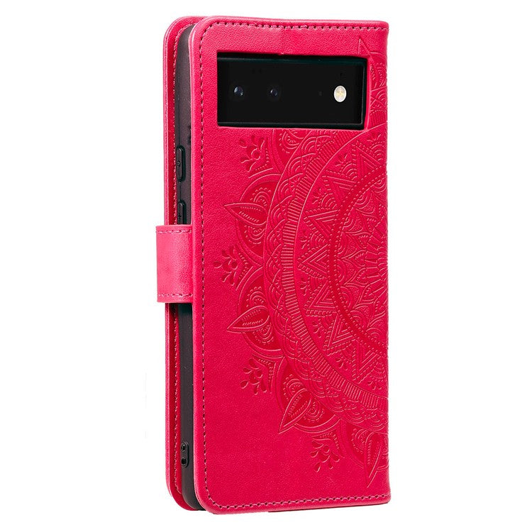 Mandala Flower Pattern Imprinted PU Leather Flip Cover Stand Wallet Folio Phone Case with Strap for Google Pixel 6 - Red