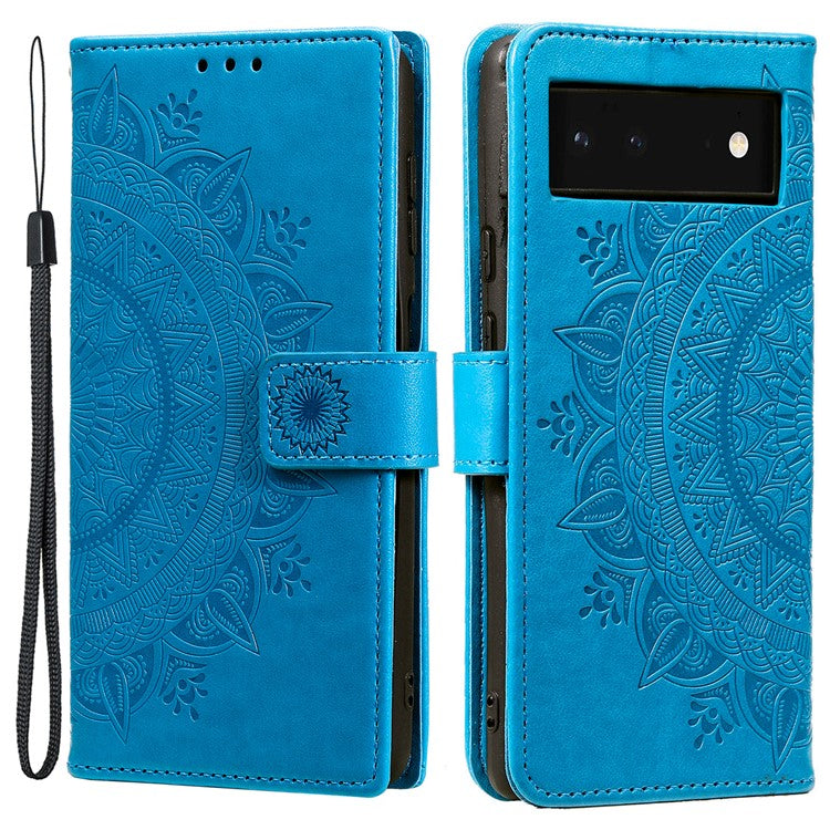 Mandala Flower Pattern Imprinted PU Leather Flip Cover Stand Wallet Folio Phone Case with Strap for Google Pixel 6 - Blue