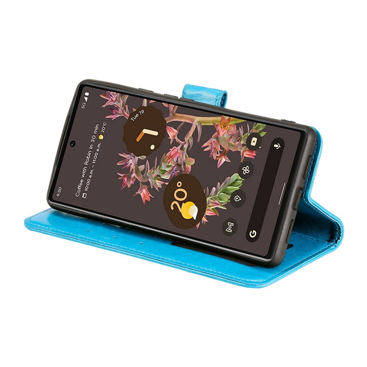Mandala Flower Pattern Imprinted PU Leather Flip Cover Stand Wallet Folio Phone Case with Strap for Google Pixel 6 - Blue