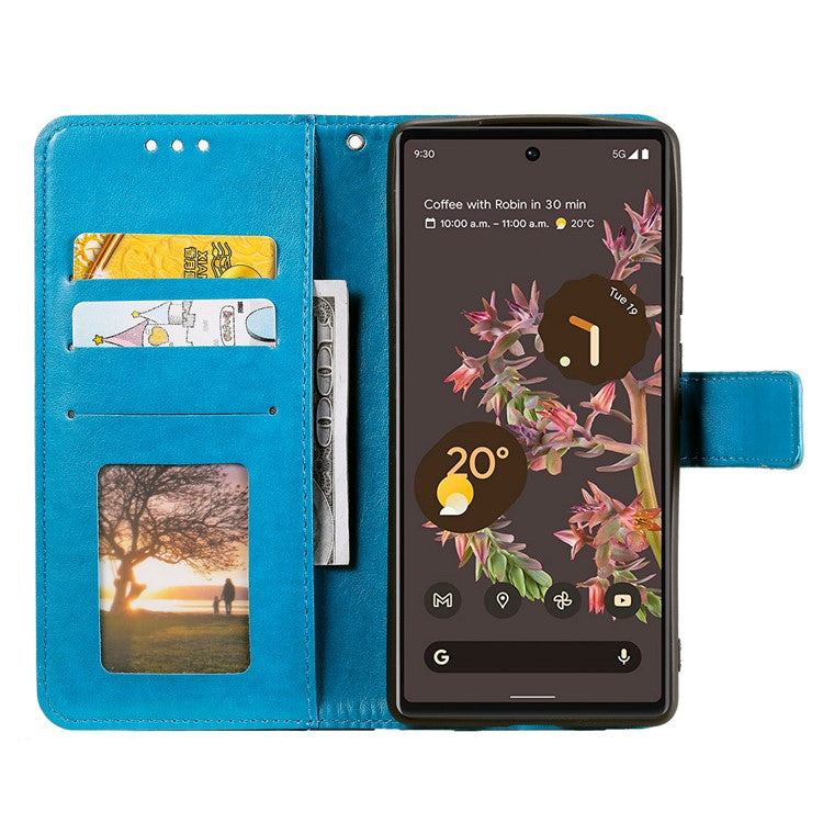 Mandala Flower Pattern Imprinted PU Leather Flip Cover Stand Wallet Folio Phone Case with Strap for Google Pixel 6 - Blue