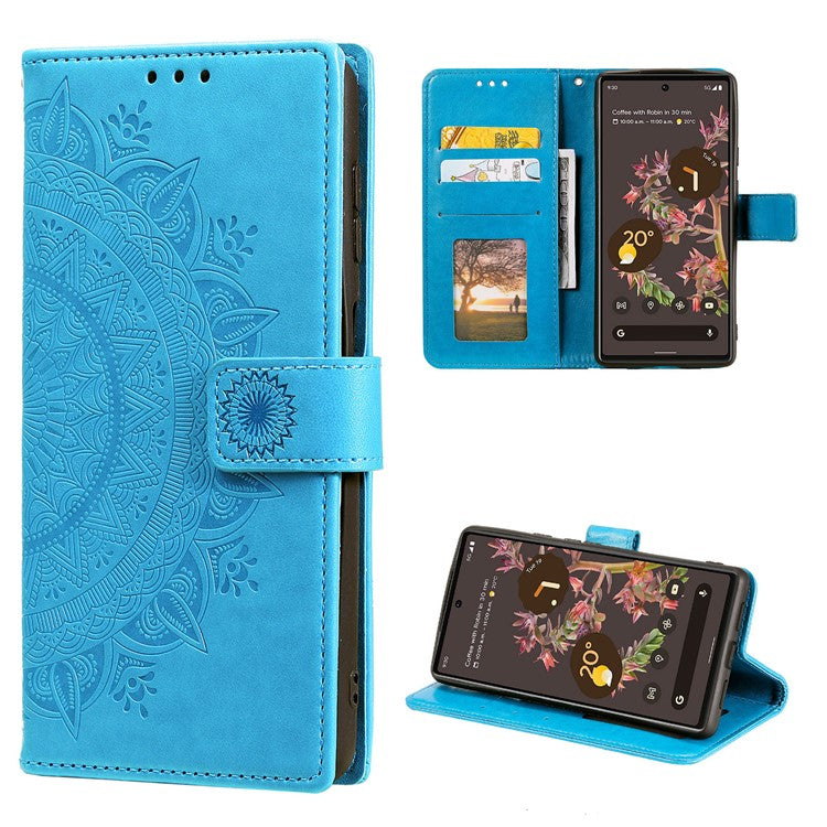Mandala Flower Pattern Imprinted PU Leather Flip Cover Stand Wallet Folio Phone Case with Strap for Google Pixel 6 - Blue