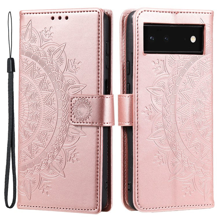 Mandala Flower Pattern Imprinted PU Leather Flip Cover Stand Wallet Folio Phone Case with Strap for Google Pixel 6 - Rose Gold
