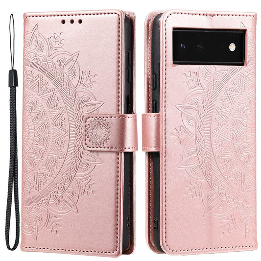 Mandala Flower Pattern Imprinted PU Leather Flip Cover Stand Wallet Folio Phone Case with Strap for Google Pixel 6 - Rose Gold