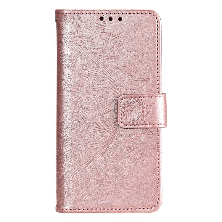 Mandala Flower Pattern Imprinted PU Leather Flip Cover Stand Wallet Folio Phone Case with Strap for Google Pixel 6 - Rose Gold