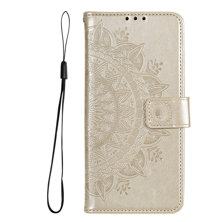 Mandala Flower Pattern Imprinted PU Leather Flip Cover Stand Wallet Folio Phone Case with Strap for Google Pixel 6 - Gold