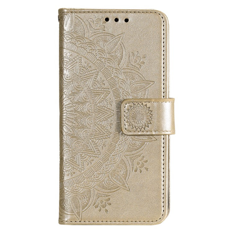 Mandala Flower Pattern Imprinted PU Leather Flip Cover Stand Wallet Folio Phone Case with Strap for Google Pixel 6 - Gold
