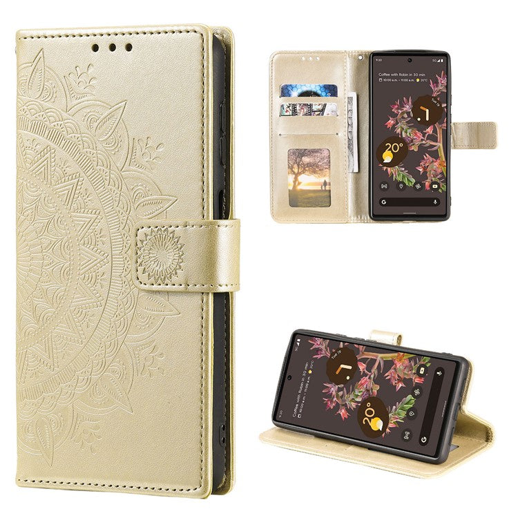 Mandala Flower Pattern Imprinted PU Leather Flip Cover Stand Wallet Folio Phone Case with Strap for Google Pixel 6 - Gold