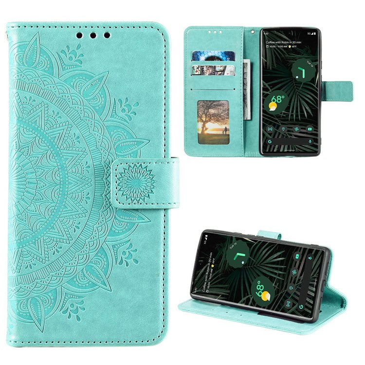 Mandala Flower Pattern Imprinted Wallet Flip PU Leather Stand Case with Strap for Google Pixel 6 Pro - Green