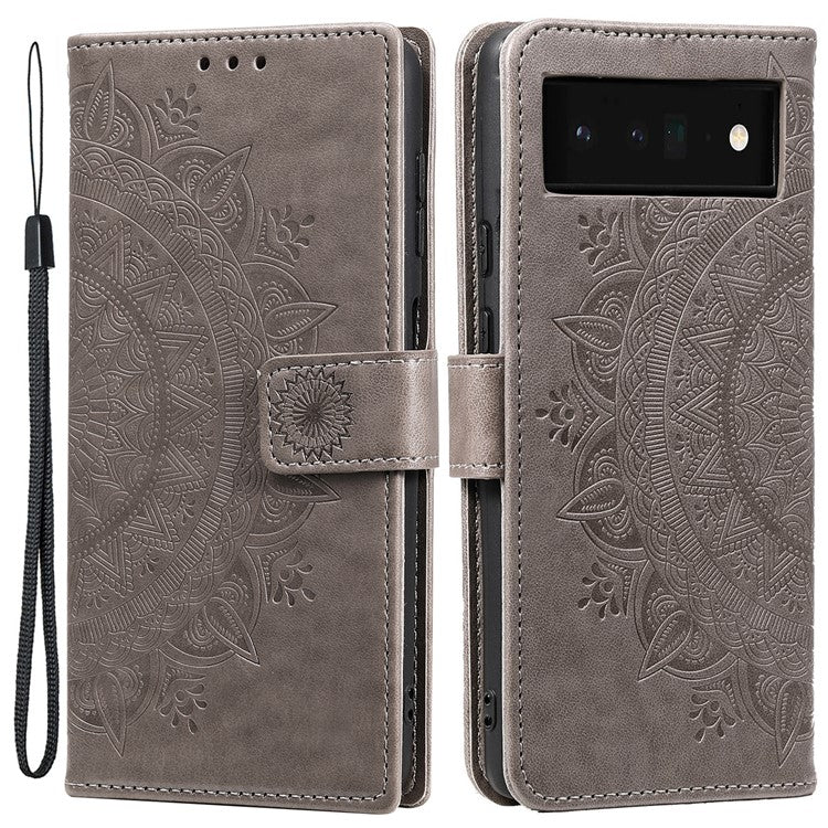 Mandala Flower Pattern Imprinted Wallet Flip PU Leather Stand Case with Strap for Google Pixel 6 Pro - Grey