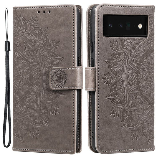 Mandala Flower Pattern Imprinted Wallet Flip PU Leather Stand Case with Strap for Google Pixel 6 Pro - Grey