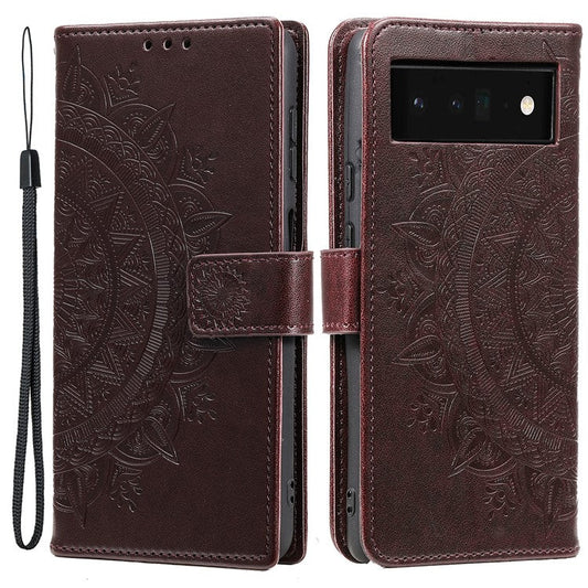 Mandala Flower Pattern Imprinted Wallet Flip PU Leather Stand Case with Strap for Google Pixel 6 Pro - Brown