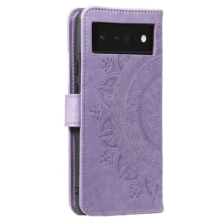 Mandala Flower Pattern Imprinted Wallet Flip PU Leather Stand Case with Strap for Google Pixel 6 Pro - Purple