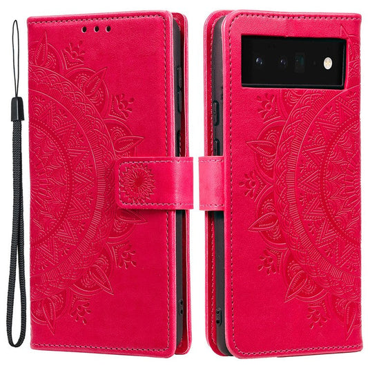 Mandala Flower Pattern Imprinted Wallet Flip PU Leather Stand Case with Strap for Google Pixel 6 Pro - Red
