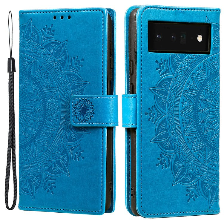 Mandala Flower Pattern Imprinted Wallet Flip PU Leather Stand Case with Strap for Google Pixel 6 Pro - Blue