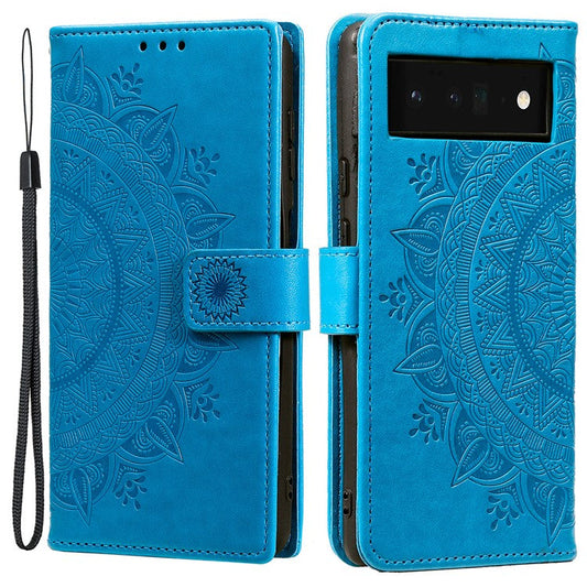 Mandala Flower Pattern Imprinted Wallet Flip PU Leather Stand Case with Strap for Google Pixel 6 Pro - Blue