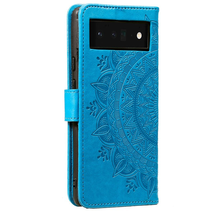 Mandala Flower Pattern Imprinted Wallet Flip PU Leather Stand Case with Strap for Google Pixel 6 Pro - Blue