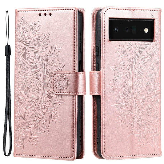 Mandala Flower Pattern Imprinted Wallet Flip PU Leather Stand Case with Strap for Google Pixel 6 Pro - Rose Gold