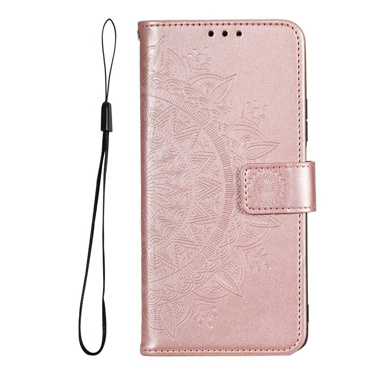 Mandala Flower Pattern Imprinted Wallet Flip PU Leather Stand Case with Strap for Google Pixel 6 Pro - Rose Gold