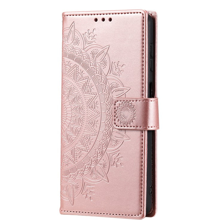 Mandala Flower Pattern Imprinted Wallet Flip PU Leather Stand Case with Strap for Google Pixel 6 Pro - Rose Gold