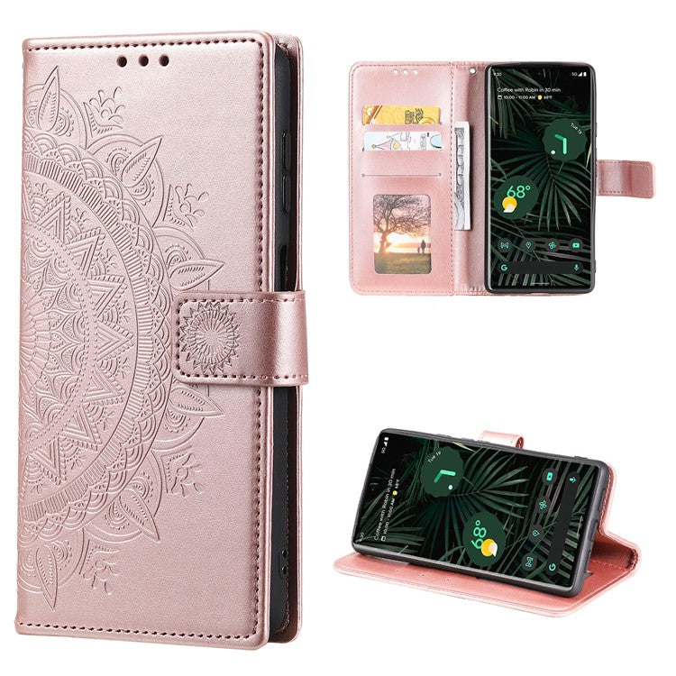 Mandala Flower Pattern Imprinted Wallet Flip PU Leather Stand Case with Strap for Google Pixel 6 Pro - Rose Gold