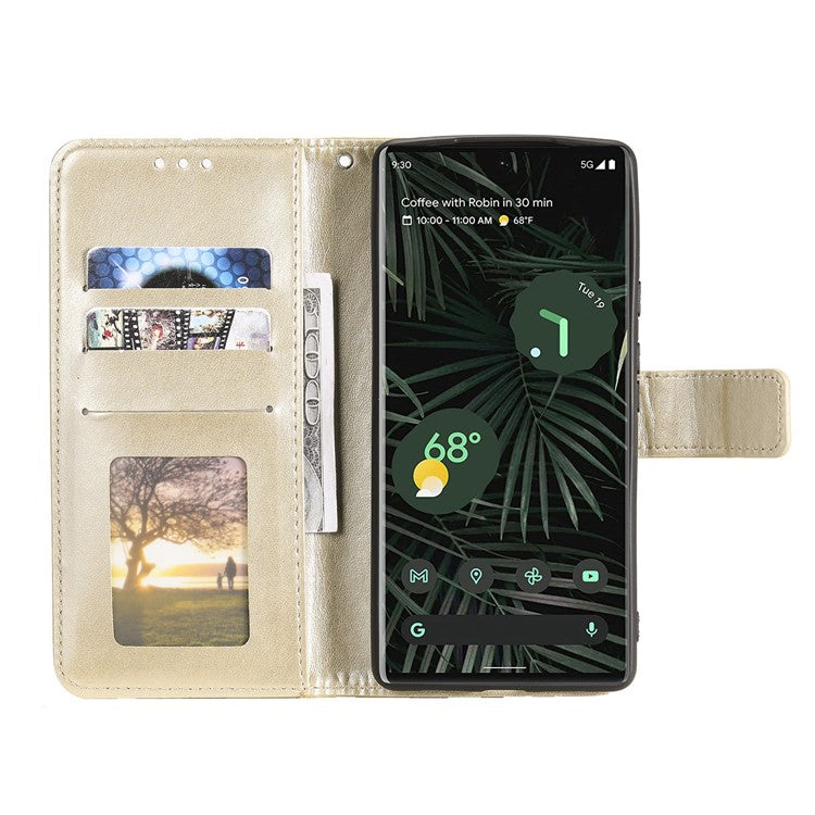 Mandala Flower Pattern Imprinted Wallet Flip PU Leather Stand Case with Strap for Google Pixel 6 Pro - Gold