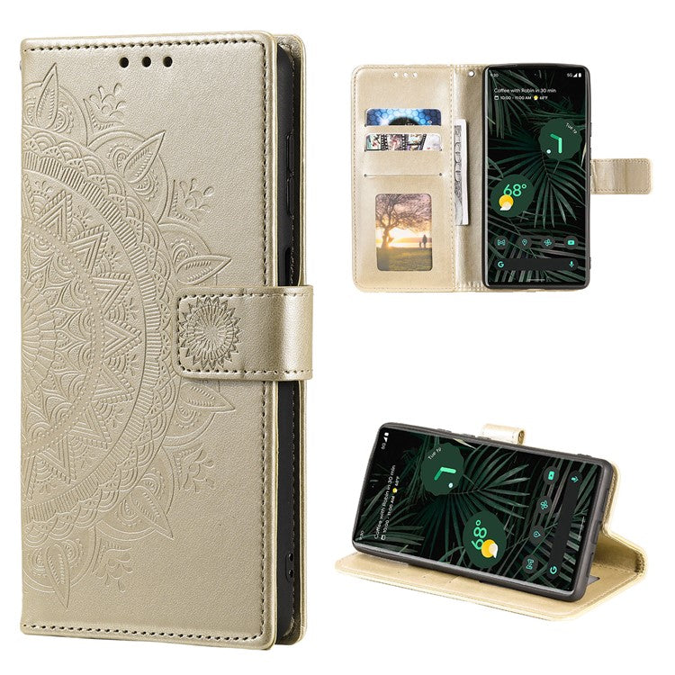 Mandala Flower Pattern Imprinted Wallet Flip PU Leather Stand Case with Strap for Google Pixel 6 Pro - Gold