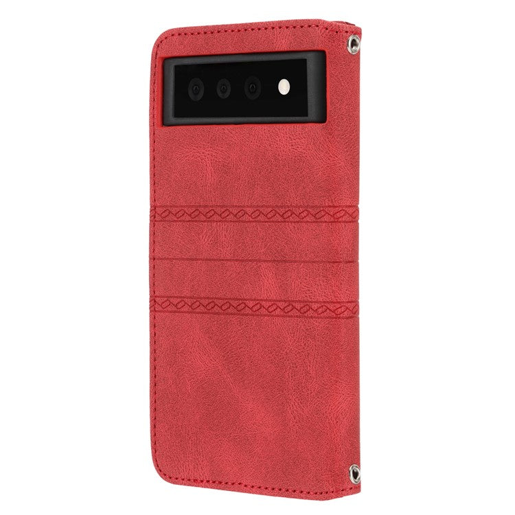 Short Lanyard Soft PU Leather and TPU Imprinted Pattern Wallet Phone Case Cover with Stand for Google Pixel 6 - Red