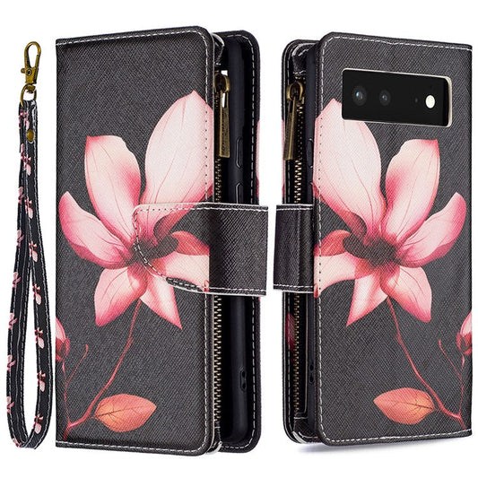 BF03 Pattern Printing PU Leather Zipper Wallet Case Folio Flip Stand Cover with Strap for Google Pixel 6 - Flower