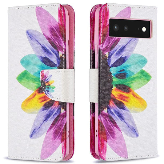 Pattern Printing PU Leather Wallet Folio Flip Cover Shockproof TPU Interior Stand Case for Google Pixel 6 - Sunflower