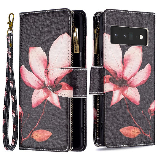 BF03 Pattern Printing PU Leather Case Magnetic Clasp Zipper Pocket Stand Flip Wallet Cover with Strap for Google Pixel 6 Pro - Flower