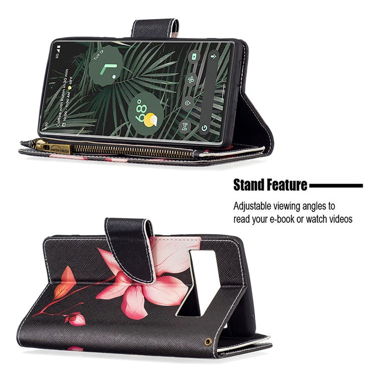 BF03 Pattern Printing PU Leather Case Magnetic Clasp Zipper Pocket Stand Flip Wallet Cover with Strap for Google Pixel 6 Pro - Flower