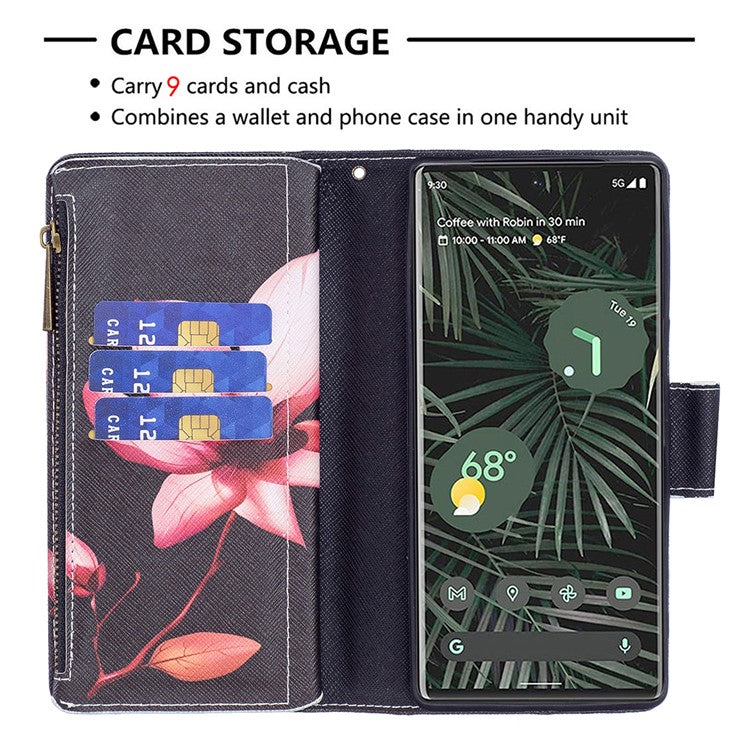 BF03 Pattern Printing PU Leather Case Magnetic Clasp Zipper Pocket Stand Flip Wallet Cover with Strap for Google Pixel 6 Pro - Flower