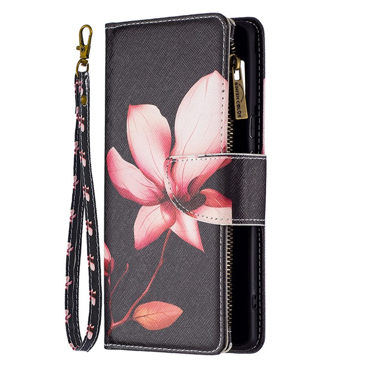 BF03 Pattern Printing PU Leather Case Magnetic Clasp Zipper Pocket Stand Flip Wallet Cover with Strap for Google Pixel 6 Pro - Flower