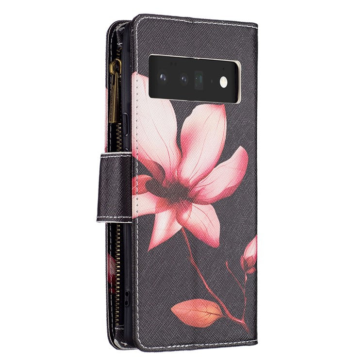 BF03 Pattern Printing PU Leather Case Magnetic Clasp Zipper Pocket Stand Flip Wallet Cover with Strap for Google Pixel 6 Pro - Flower